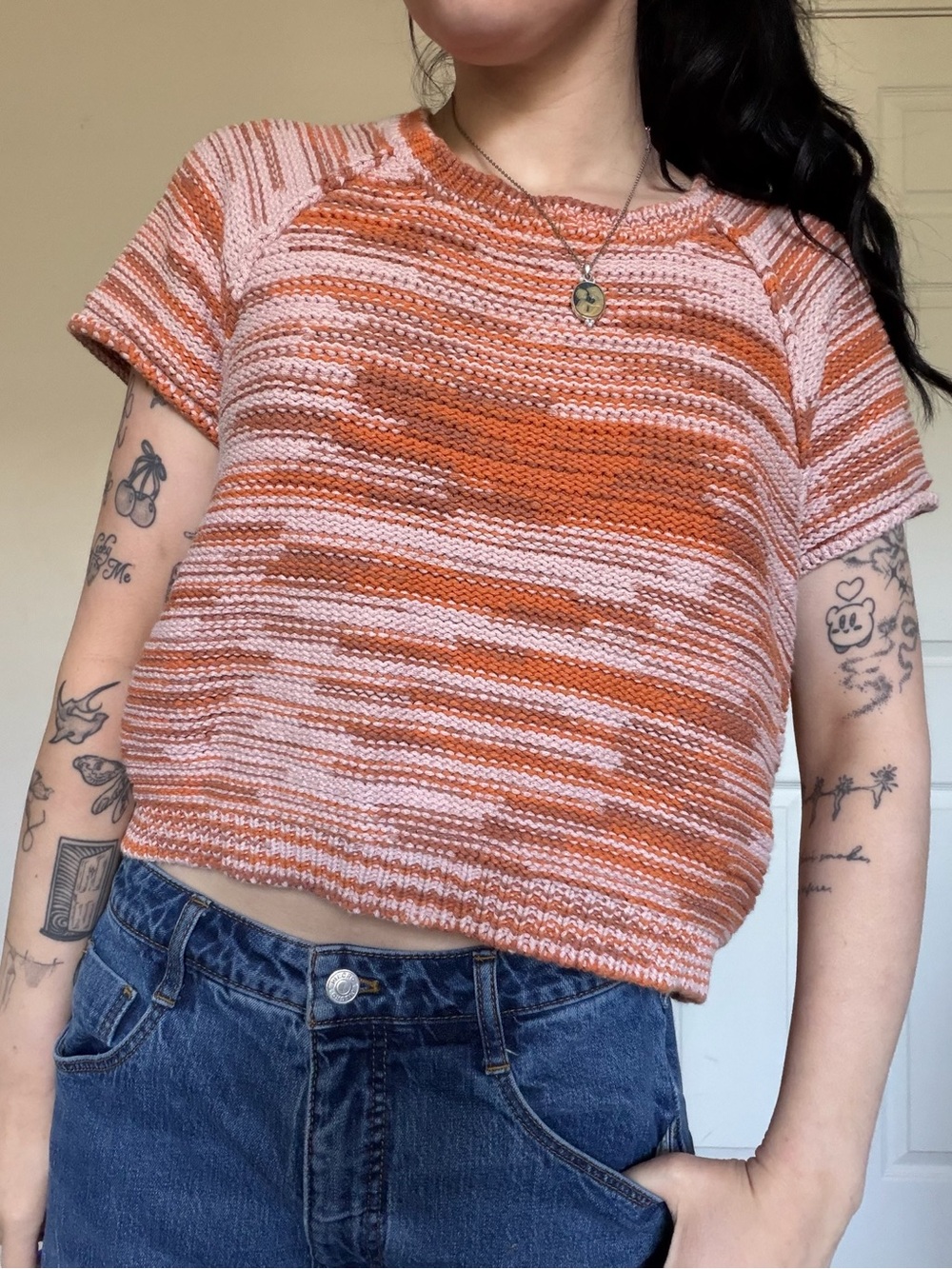 Anthropologie Pink & Orange Striped Knit Crop Top Large - Picture 2 of 6
